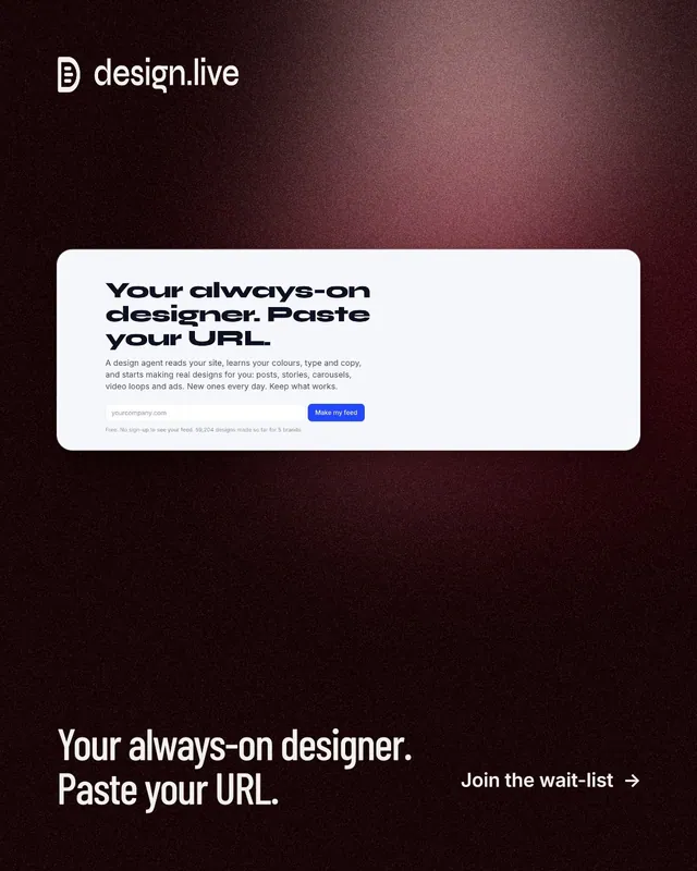 Instagram portrait post for design.live: "Your always-on designer. Paste your URL." Dark deco style, image led layout, dark palette in black, red, white.