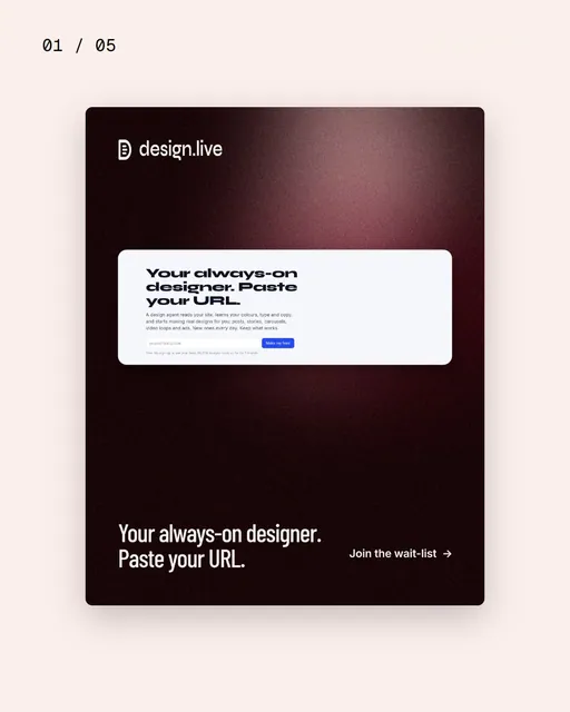Video for design.live. Ad flipbook, 7.5 s, light palette.