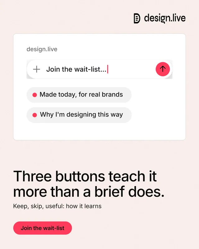 Instagram portrait post for design.live: "Three buttons teach it more than a brief does." Data card style, bottom layout, light palette in white, red.