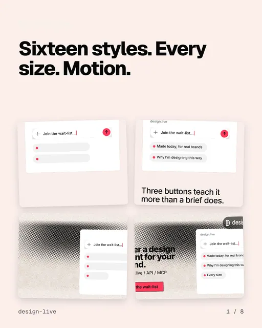 Carousel for design.live: "Sixteen styles. Every size. Motion.". Collection carousel, 8 slides, light palette.