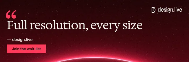 X header for design.live: "Full resolution, every size". Swiss style, quote layout, dark palette in red, black.