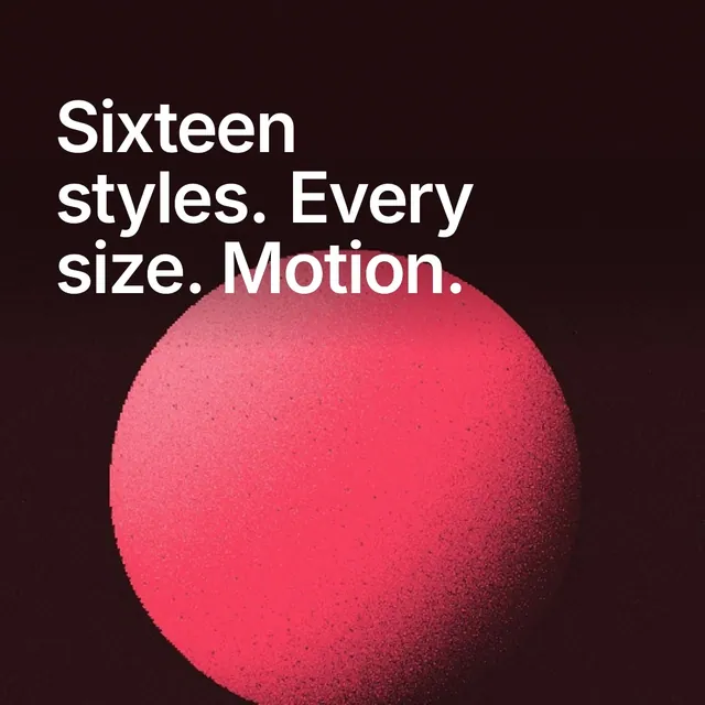 Video for design.live: "Sixteen styles. Every size. Motion.". Shader loop, 6.0 s, dark palette.