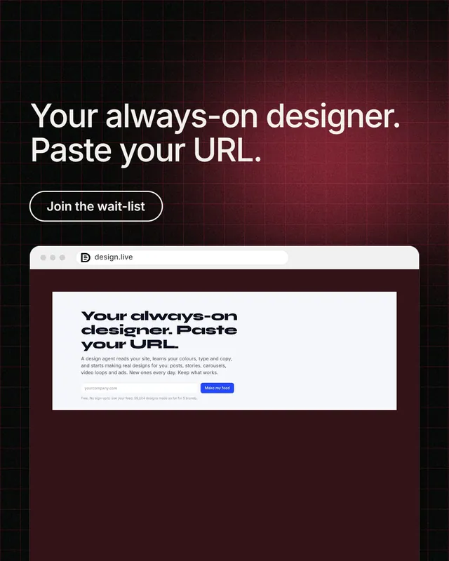 Instagram portrait post for design.live: "Your always-on designer. Paste your URL." Phosphor atlas style, browser layout, dark palette in red, black, white.