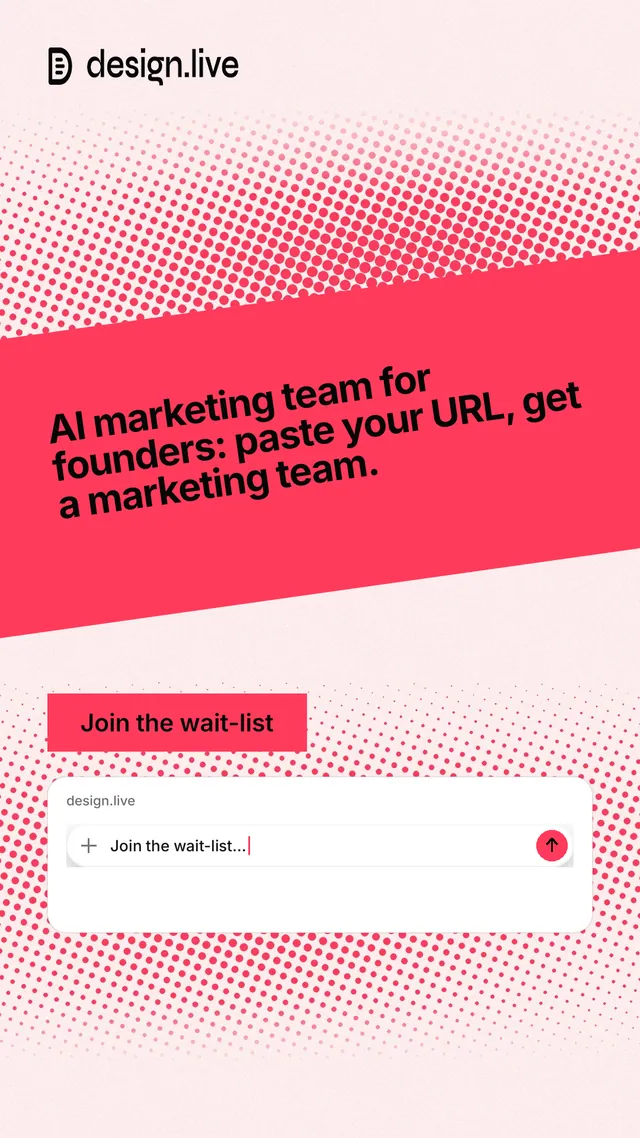 Instagram story for design.live: "AI marketing team for founders: paste your URL, get a marketing team." Swiss style, diagonal layout, light palette in red, white.