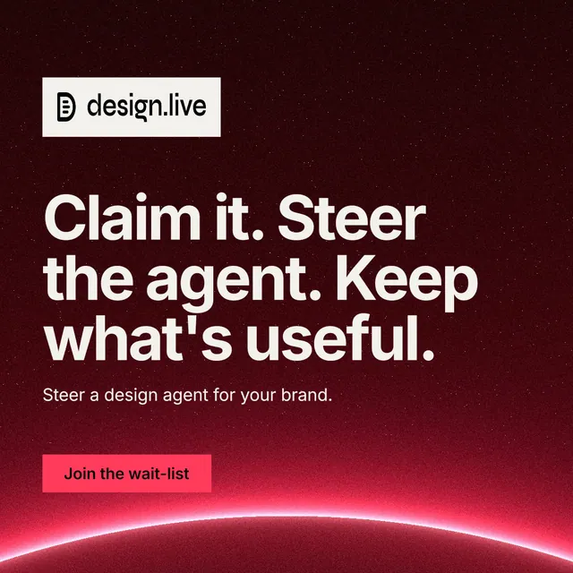Instagram post for design.live: "Claim it. Steer the agent. Keep what's useful." Swiss style, announce layout, dark palette in black, red.