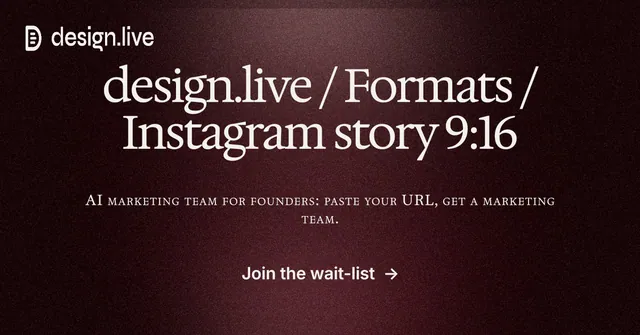 Social ad for design.live: "design.live / Formats / Instagram story 9:16". Dark deco style, smallcaps layout, dark palette in red, black, grey.