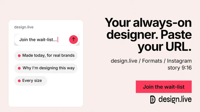 Landscape graphic for design.live: "Your always-on designer. Paste your URL." Swiss style, right layout, light palette in white, red.