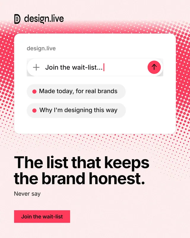 Instagram portrait post for design.live: "The list that keeps the brand honest." Swiss style, bottom layout, light palette in white, red.