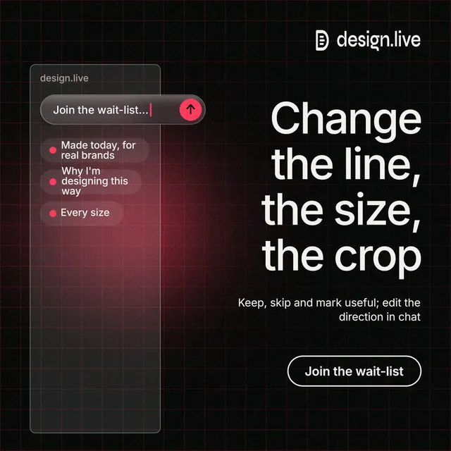 Instagram post for design.live: "Change the line, the size, the crop". Phosphor atlas style, right layout, dark palette in black, red, grey.