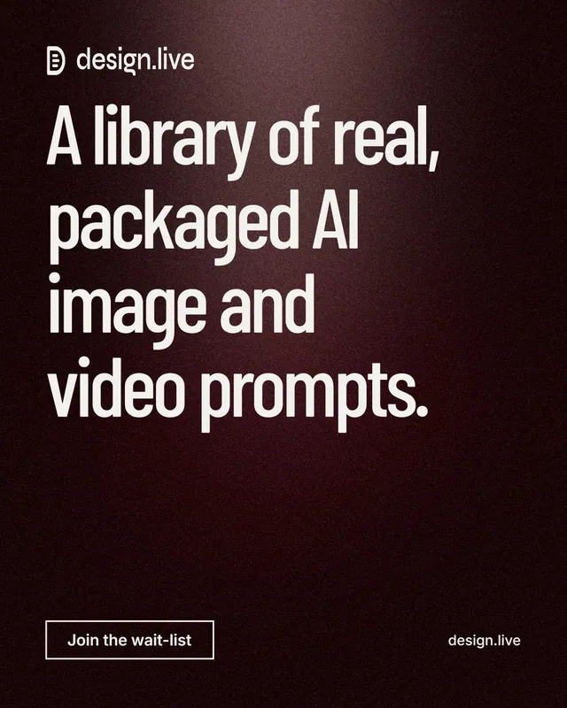 Instagram portrait post for design.live: "A library of real, packaged AI image and video prompts." Dark deco style, poster layout, dark palette in black, red, grey.