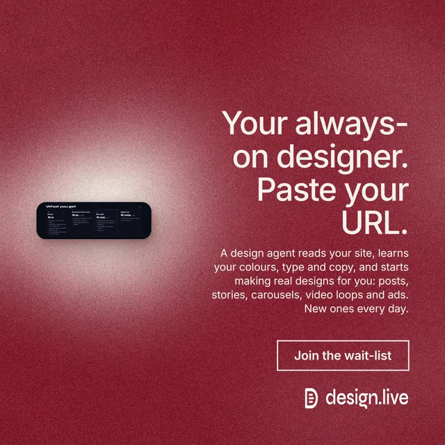 Instagram post for design.live: "Your always-on designer. Paste your URL." Cyanotype style, right layout, dark palette in red.