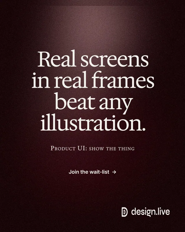 Instagram portrait post for design.live: "Real screens in real frames beat any illustration." Dark deco style, smallcaps layout, dark palette in black, red, grey.