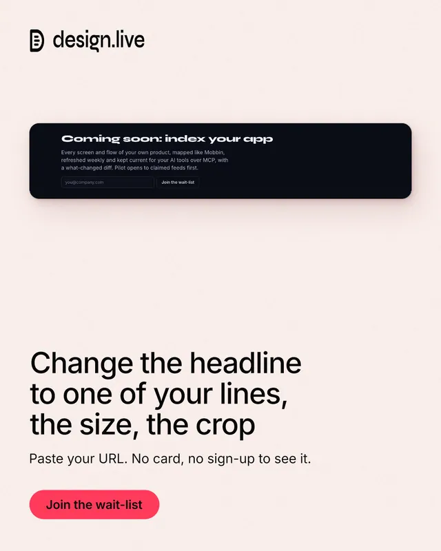 Instagram portrait post for design.live: "Change the headline to one of your lines, the size, the crop". Data card style, bottom layout, light palette in white, grey.