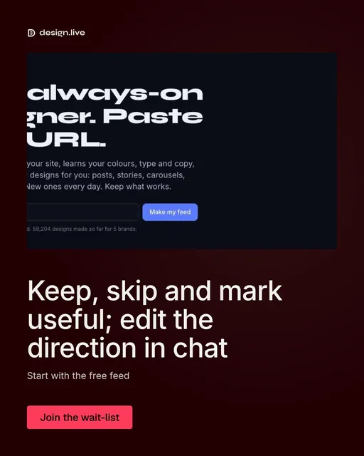 Video for design.live: "Keep, skip and mark useful; edit the direction in chat". Doc motion loop, 7.0 s, dark palette.