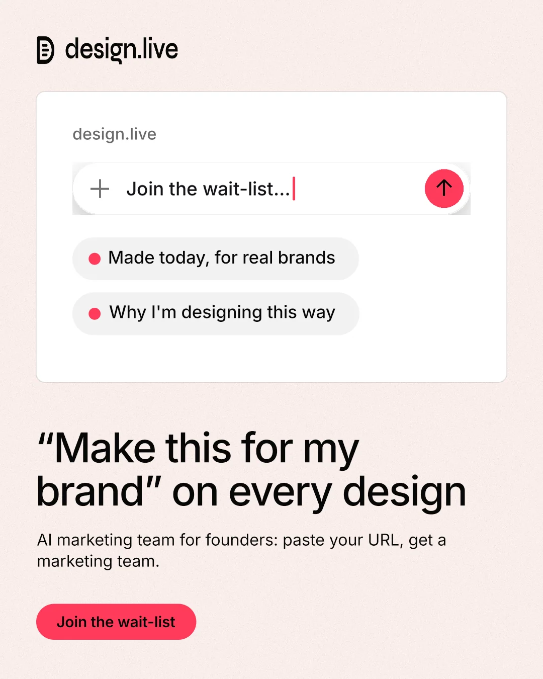 Instagram portrait post for design.live: "“Make this for my brand” on every design". Data card style, bottom layout, light palette in white, red.