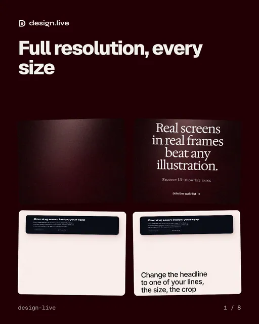 Carousel for design.live: "Full resolution, every size". Collection carousel, 8 slides, dark palette.