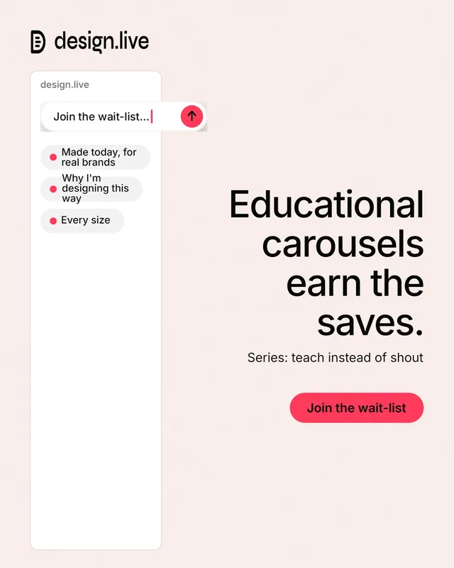 Instagram portrait post for design.live: "Educational carousels earn the saves." Data card style, right layout, light palette in white, red.