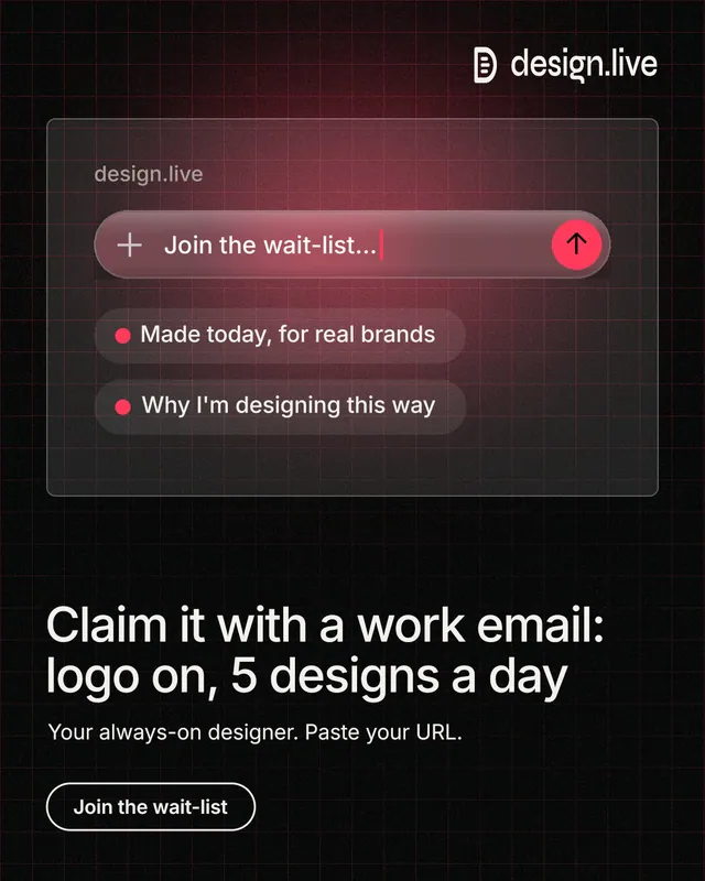 Instagram portrait post for design.live: "Claim it with a work email: logo on, 5 designs a day". Phosphor atlas style, bottom layout, dark palette in black, red.