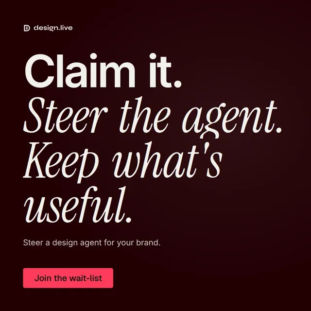 Video for design.live: "Claim it. Steer the agent. Keep what's useful.". Doc motion loop, 8.0 s, dark palette.