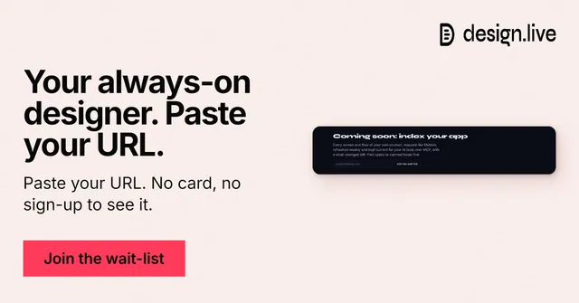 Social ad for design.live: "Your always-on designer. Paste your URL." Swiss style, bottom layout, light palette in white, grey.