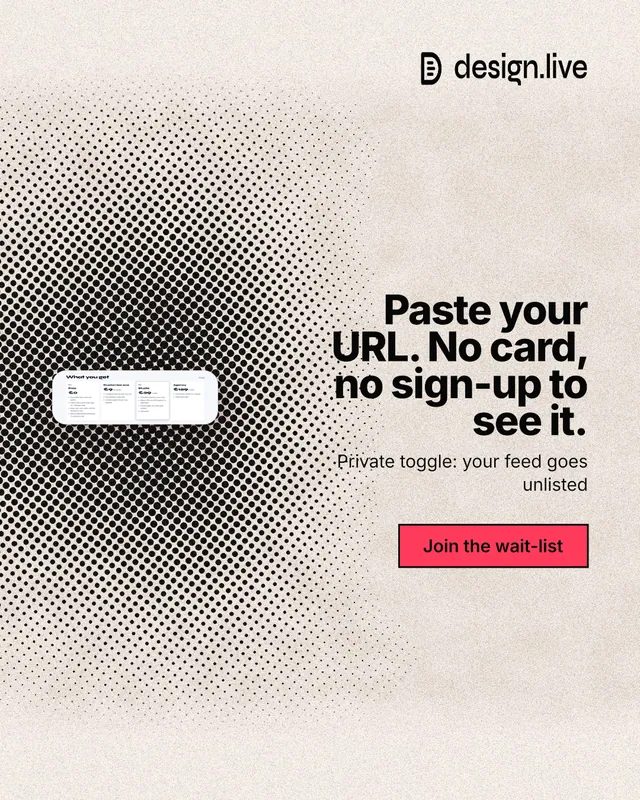 Instagram portrait post for design.live: "Paste your URL. No card, no sign-up to see it." Ink sticker style, right layout, light palette in orange, grey, white.