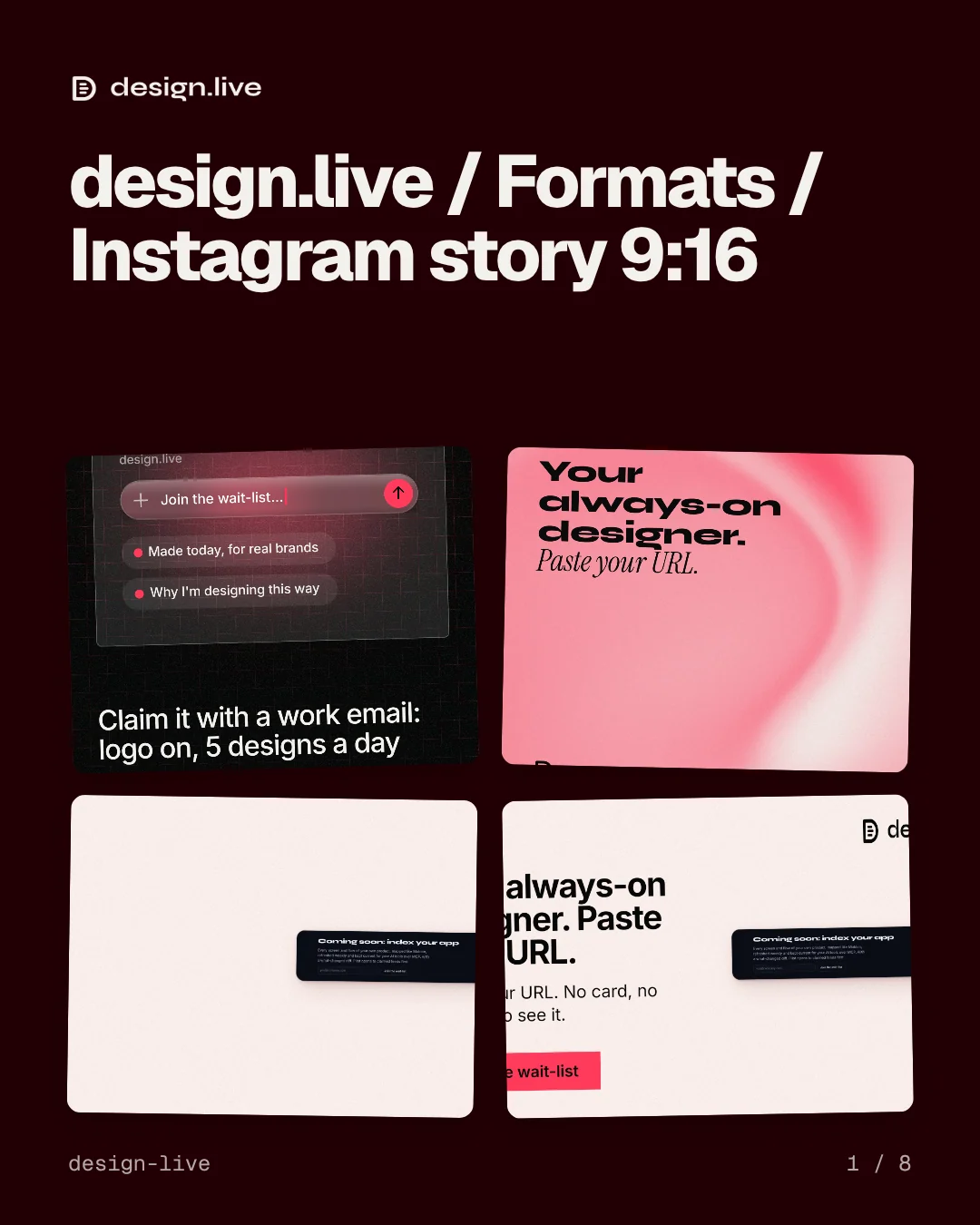 Carousel for design.live: "design.live / Formats / Instagram story 9:16". Collection carousel, 8 slides, dark palette.