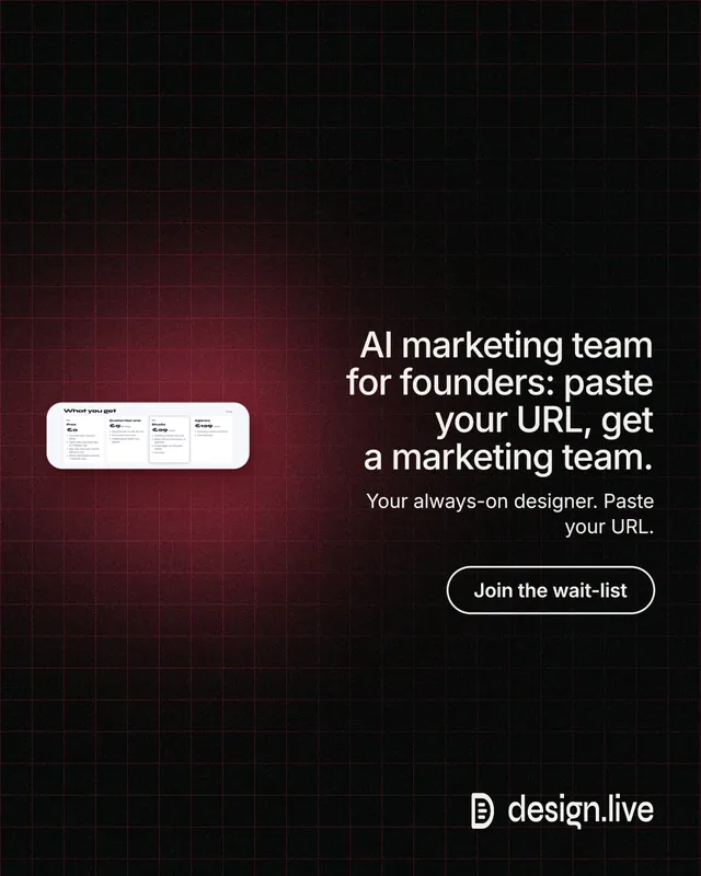 Instagram portrait post for design.live: "AI marketing team for founders: paste your URL, get a marketing team." Phosphor atlas style, right layout, dark palette in black, red.