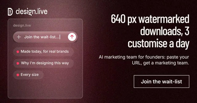 Social ad for design.live: "640 px watermarked downloads, 3 customise a day". Dark deco style, right layout, dark palette in black, red, grey.