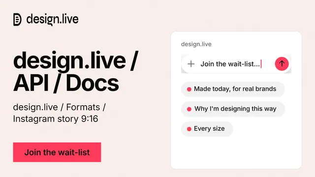 Landscape graphic for design.live: "design.live / API / Docs". Swiss style, bottom layout, light palette in white, red.