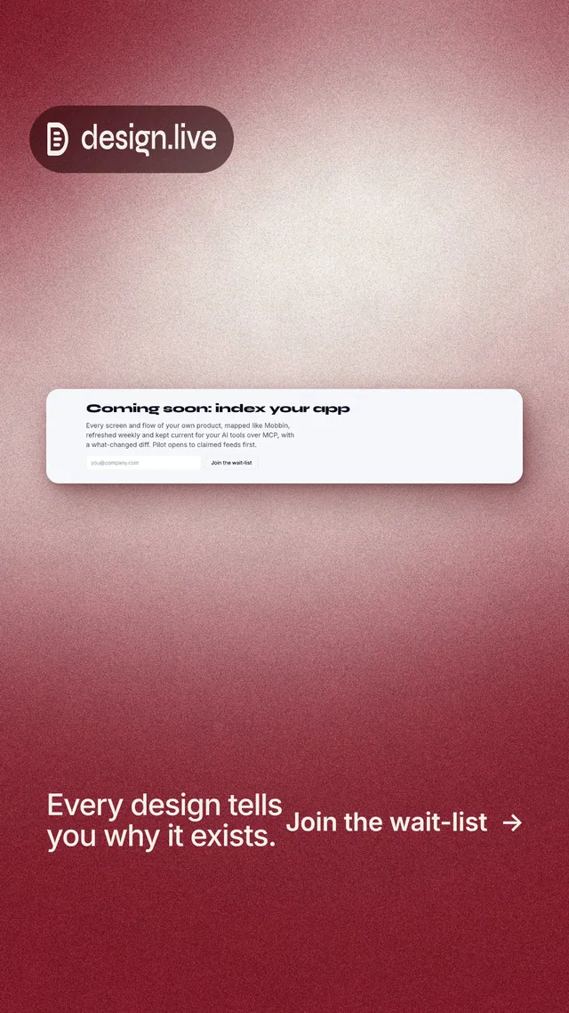 Instagram story for design.live: "Every design tells you why it exists." Cyanotype style, image led layout, light palette in red, white.
