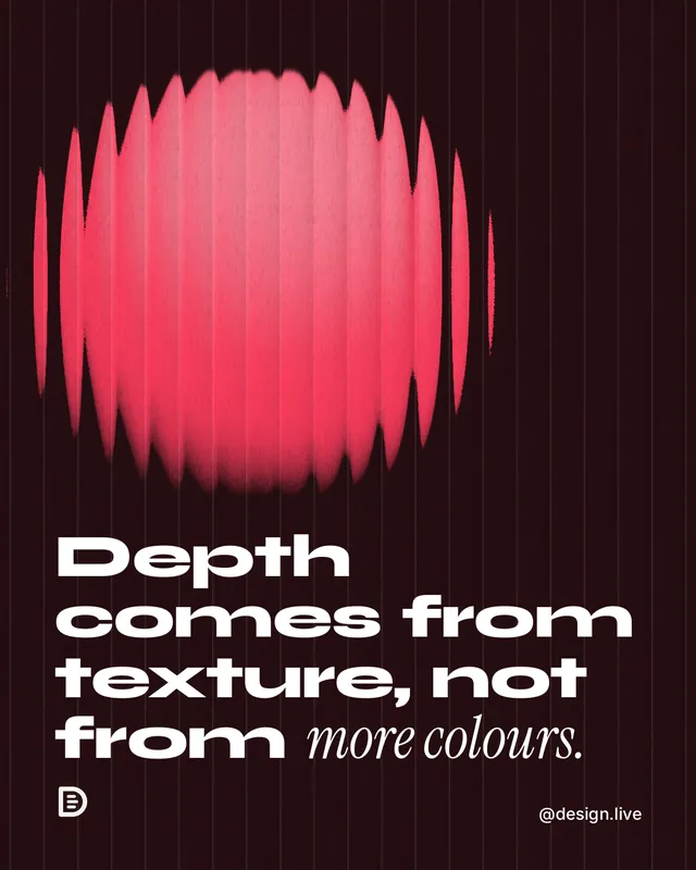 Instagram portrait post for design.live: "Depth comes from texture, not from more colours." Auto 4x5 style, technique:shader field layout, dark palette in black, red.