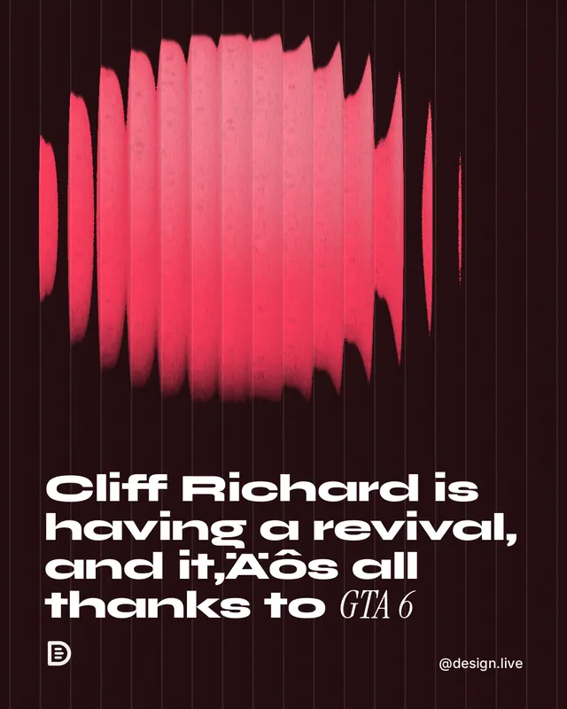Instagram portrait post for design.live: "Cliff Richard is having a revival, and it‚Äôs all thanks to GTA 6". Auto 4x5 style, technique:shader field layout, dark palette in red, black.