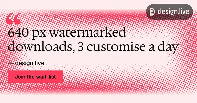 Social ad for design.live: "640 px watermarked downloads, 3 customise a day". Swiss style, quote layout, light palette in red, white.