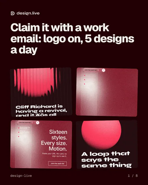 Carousel for design.live: "Claim it with a work email: logo on, 5 designs a day". Collection carousel, 8 slides, dark palette.
