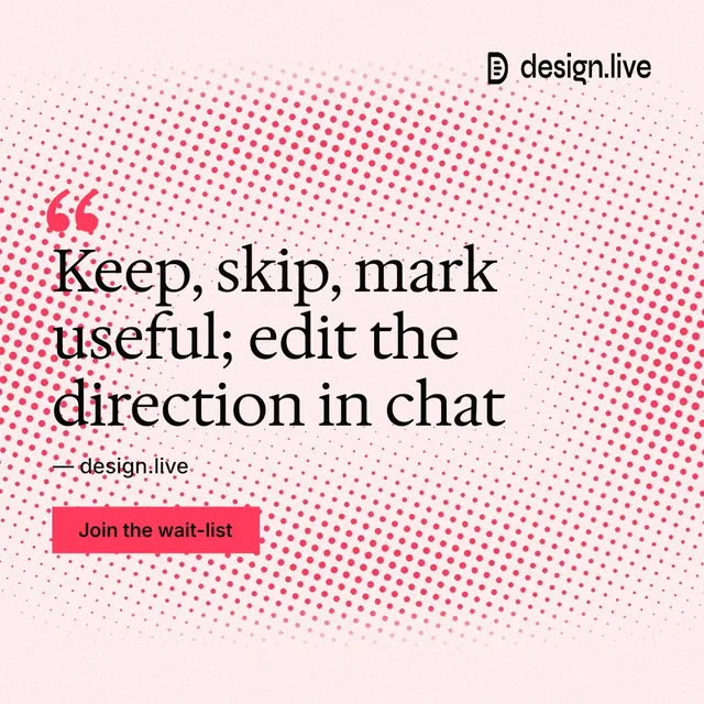 Instagram post for design.live: "Keep, skip, mark useful; edit the direction in chat". Swiss style, quote layout, light palette in red, white.