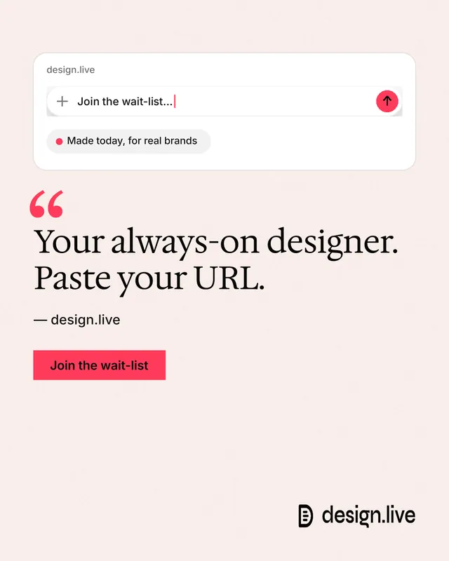 Instagram portrait post for design.live: "Your always-on designer. Paste your URL." Swiss style, quote layout, light palette in white, red.