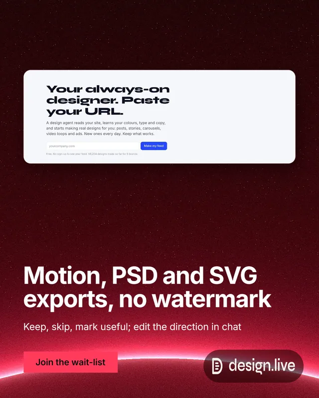 Instagram portrait post for design.live: "Motion, PSD and SVG exports, no watermark". Swiss style, bottom layout, dark palette in red, black, white.