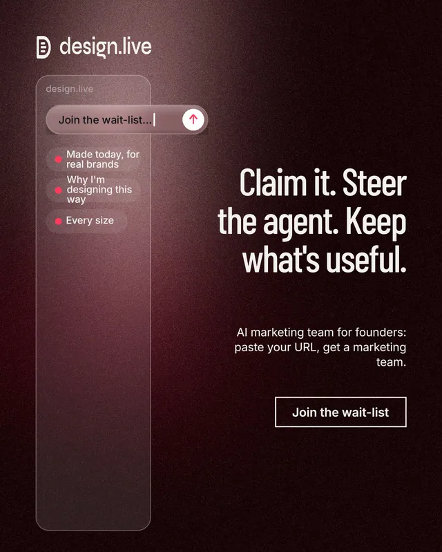 Instagram portrait post for design.live: "Claim it. Steer the agent. Keep what's useful." Dark deco style, right layout, dark palette in red, black, grey.