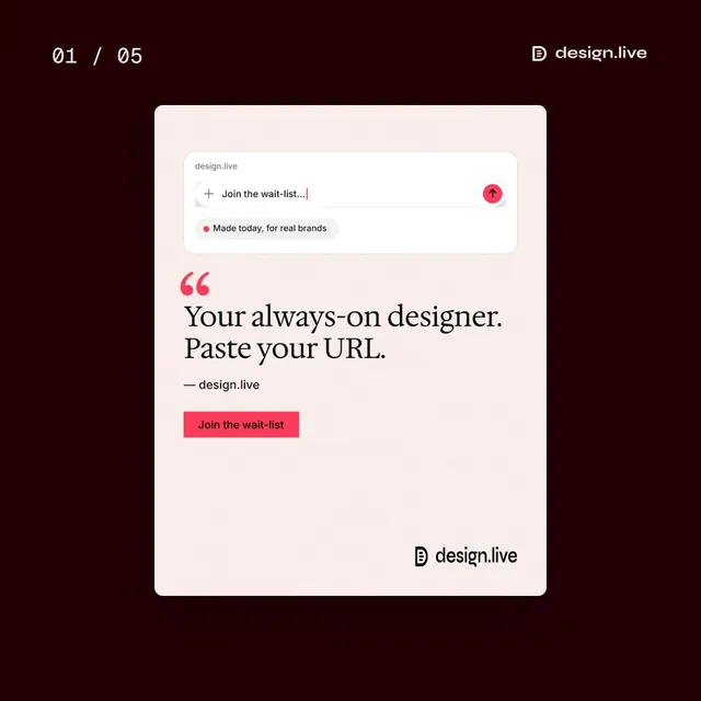 Video for design.live. Ad flipbook, 7.5 s, dark palette.