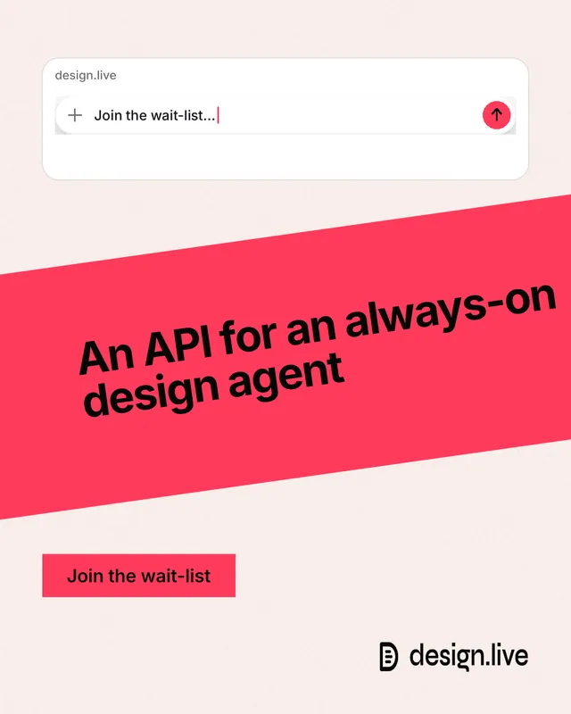 Instagram portrait post for design.live: "An API for an always-on design agent". Swiss style, diagonal layout, light palette in white, red.