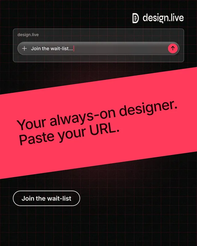 Instagram portrait post for design.live: "Your always-on designer. Paste your URL." Phosphor atlas style, diagonal layout, dark palette in black, red.