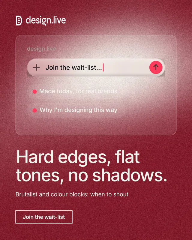 Instagram portrait post for design.live: "Hard edges, flat tones, no shadows." Cyanotype style, bottom layout, dark palette in red.