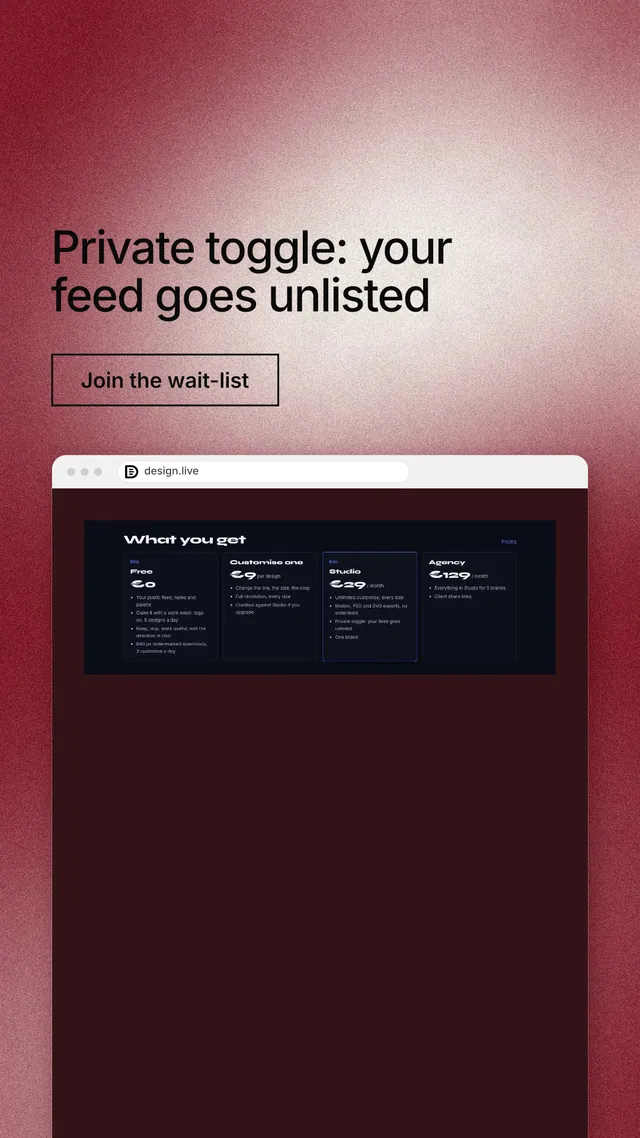 Instagram story for design.live: "Private toggle: your feed goes unlisted". Cyanotype style, browser layout, dark palette in red, black.