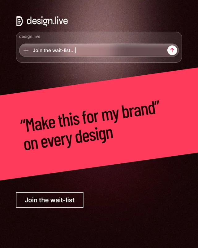 Instagram portrait post for design.live: "“Make this for my brand” on every design". Dark deco style, diagonal layout, dark palette in black, red.