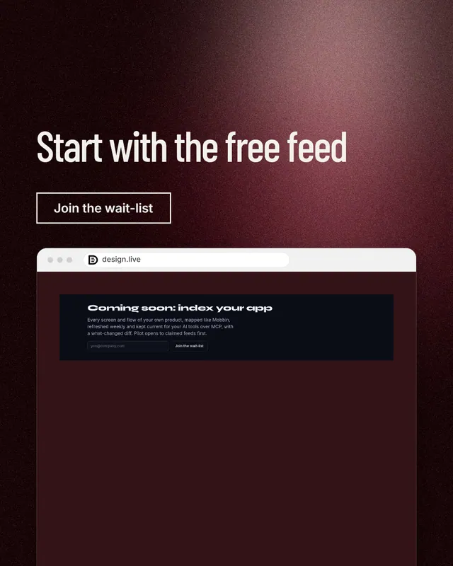 Instagram portrait post for design.live: "Start with the free feed". Dark deco style, browser layout, dark palette in red, black, grey.