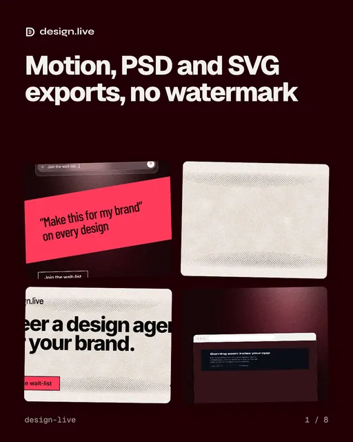 Carousel for design.live: "Motion, PSD and SVG exports, no watermark". Collection carousel, 8 slides, dark palette.