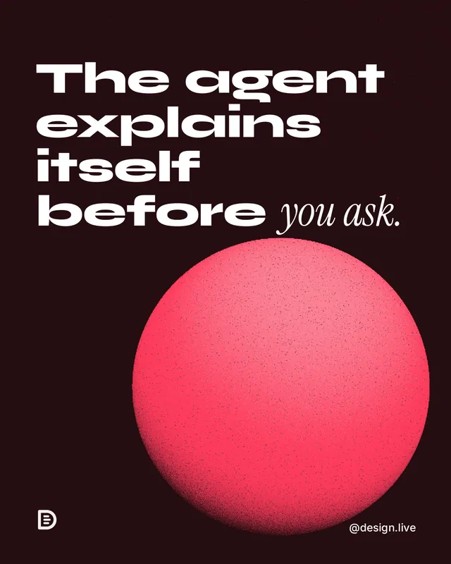 Instagram portrait post for design.live: "The agent explains itself before you ask." Auto 4x5 style, technique:shader field layout, dark palette in black, red.
