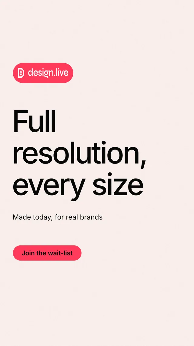 Instagram story for design.live: "Full resolution, every size". Data card style, announce layout, light palette in white, red.
