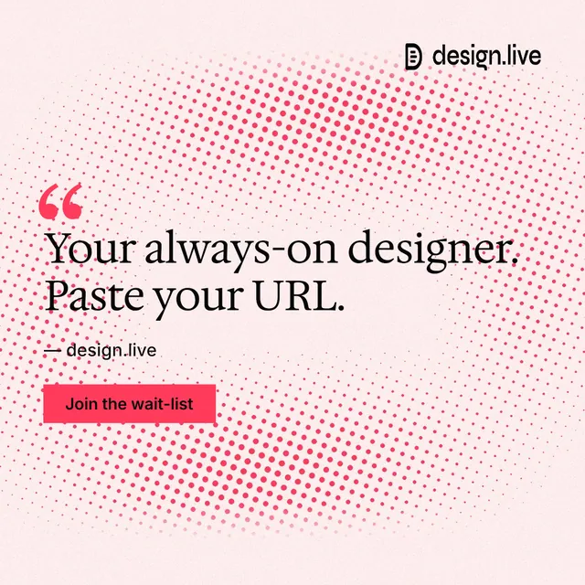 Instagram post for design.live: "Your always-on designer. Paste your URL." Swiss style, quote layout, light palette in white, red.