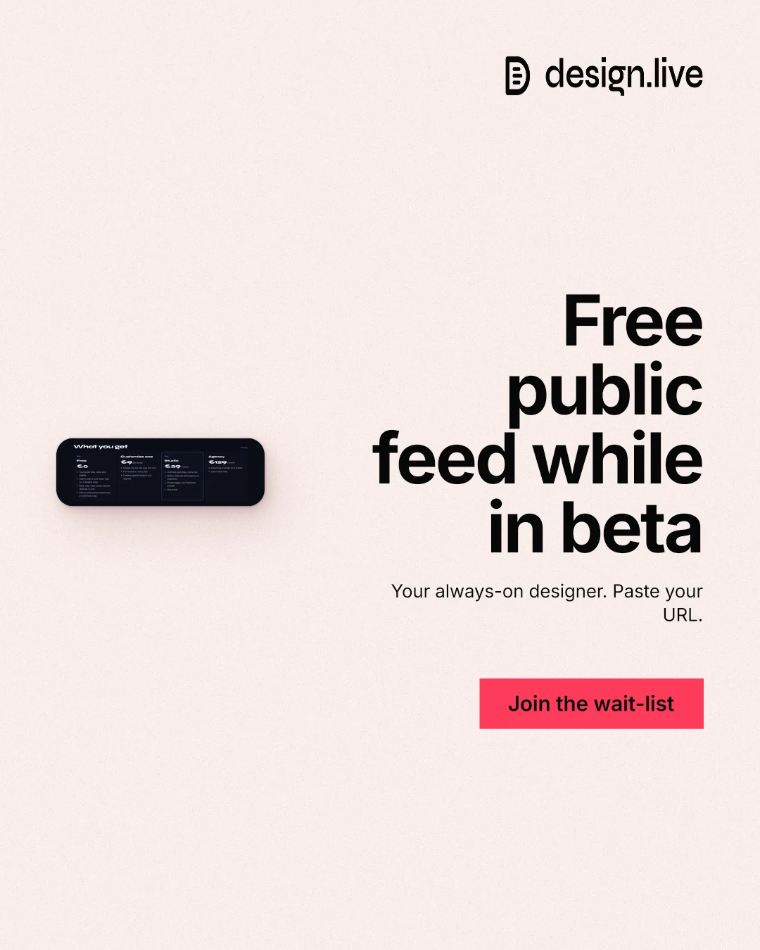 Instagram portrait post for design.live: "Free public feed while in beta". Swiss style, right layout, light palette in white, grey.